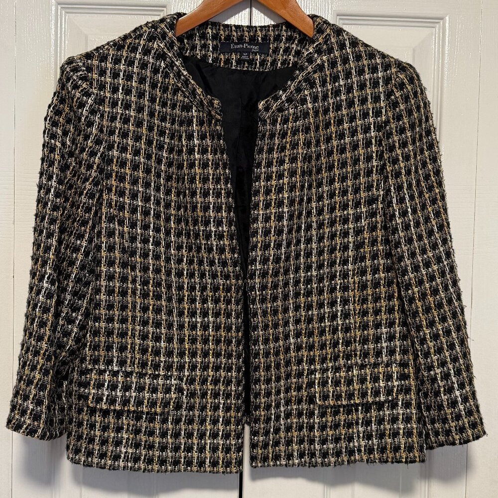 Evan-Picone Blazer 14P Black Gold White Tweed Lined Pockets Jacket